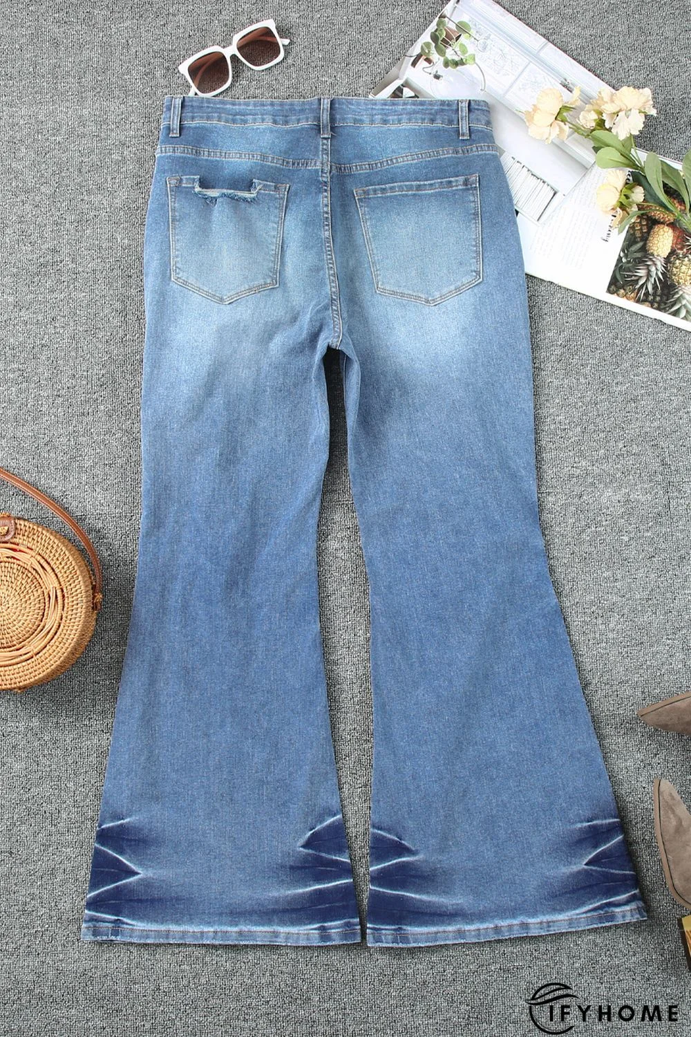 Sky Blue Plus Size Distressed Flare Jeans | IFYHOME