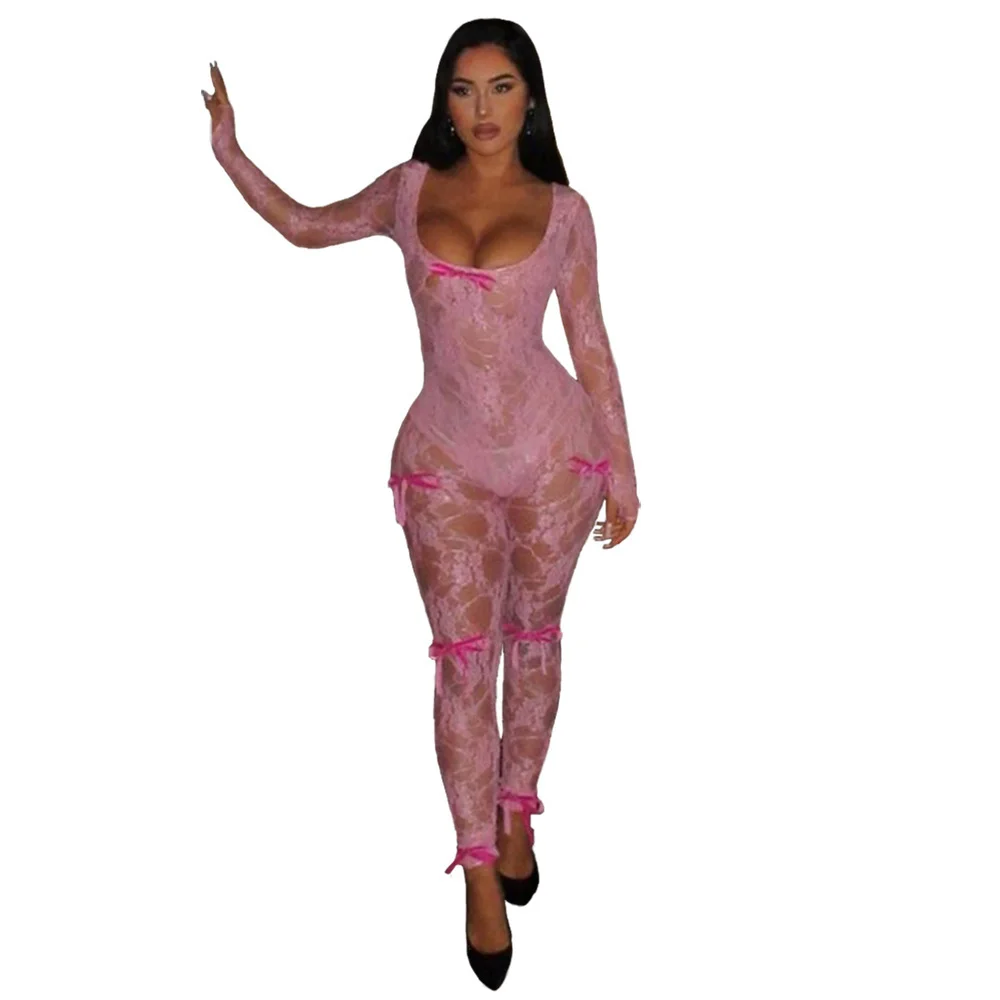 Toloer Toloer Women's Autumn / Winter New U Collar Long Sleeve Sexy Lace Elastic Jumpsuit Female Slim-Outfit Ideas