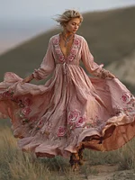 Women's Embroidered Rose Resort Style V-neck Long Sleeve Dress