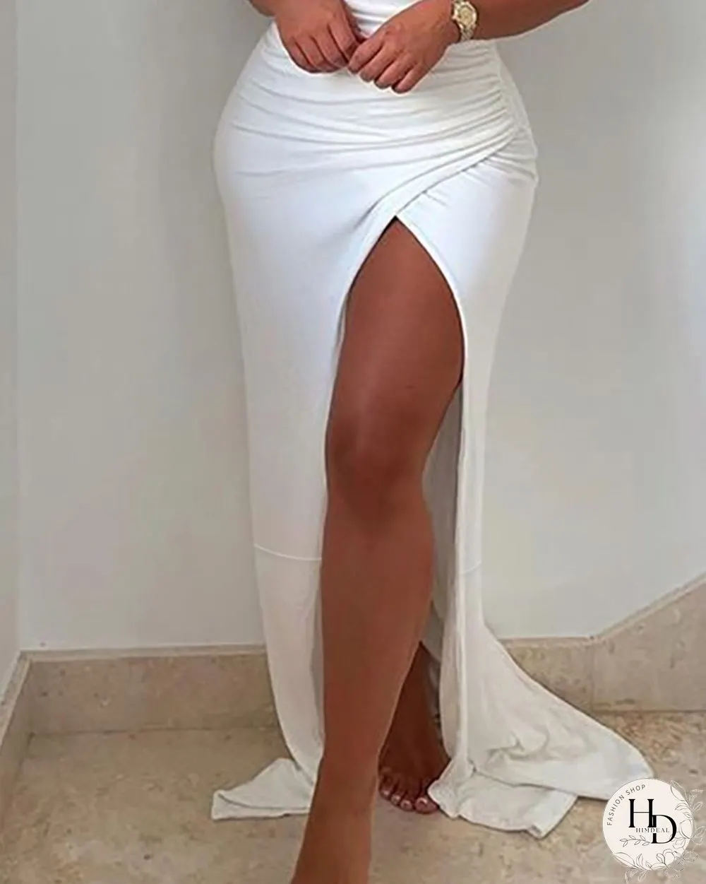 Ruched Skinny High Slit Maxi Dress