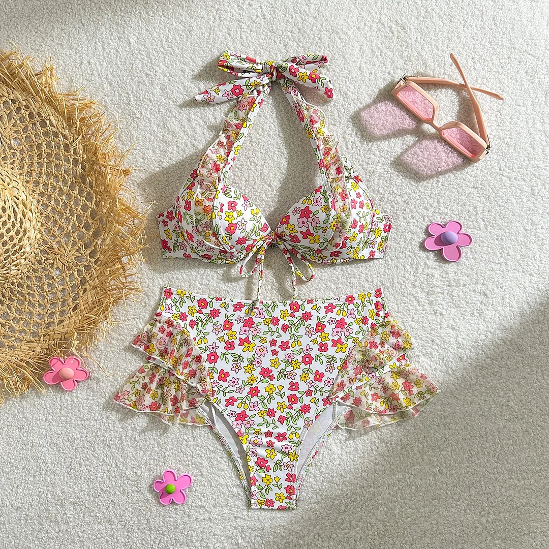 Brownm 2024 New Small Fresh Print High-Waisted Fly-Side Swimsuit Bikini Bikini