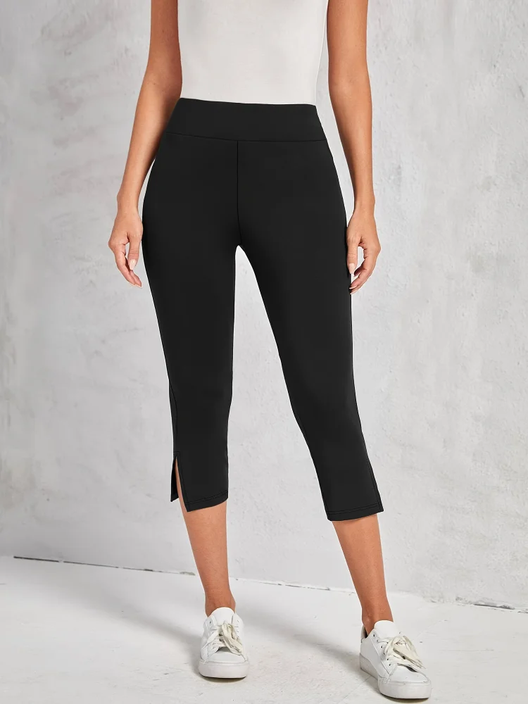 Women's High-Elasticity Split Capri Pants With Side Slit Detail - Soft Comfortable Tight-Fit Fitness Pants, Machine Washable Solid Color For Spring Summer Fall, Capri Legging