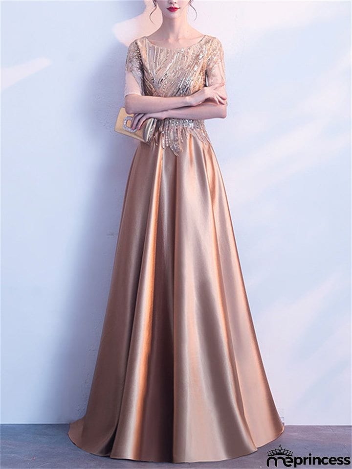 Shiny Round Neck Short Sleeve A-Lined Gown Dress for Evening