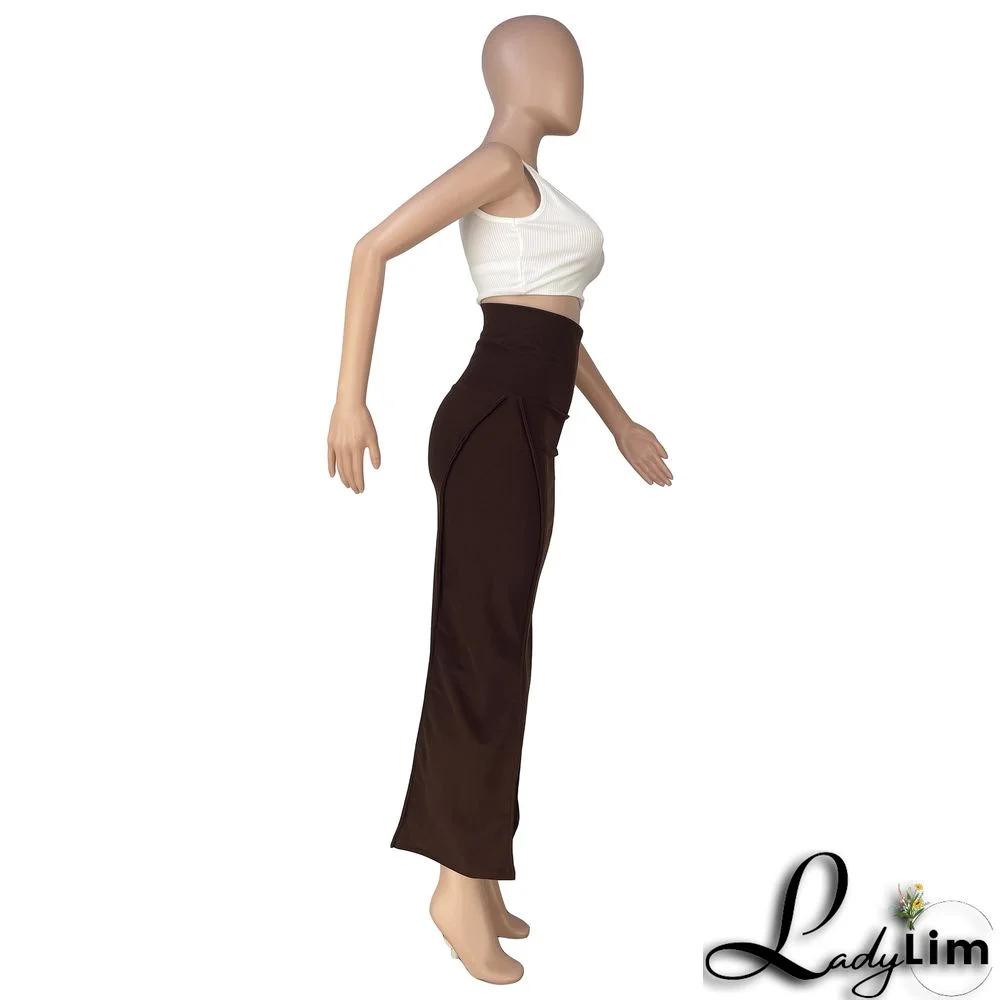 Women's Fashion Solid Color High Waist Elastic Tummy Control Patchwork Car Trim Maxi Dress