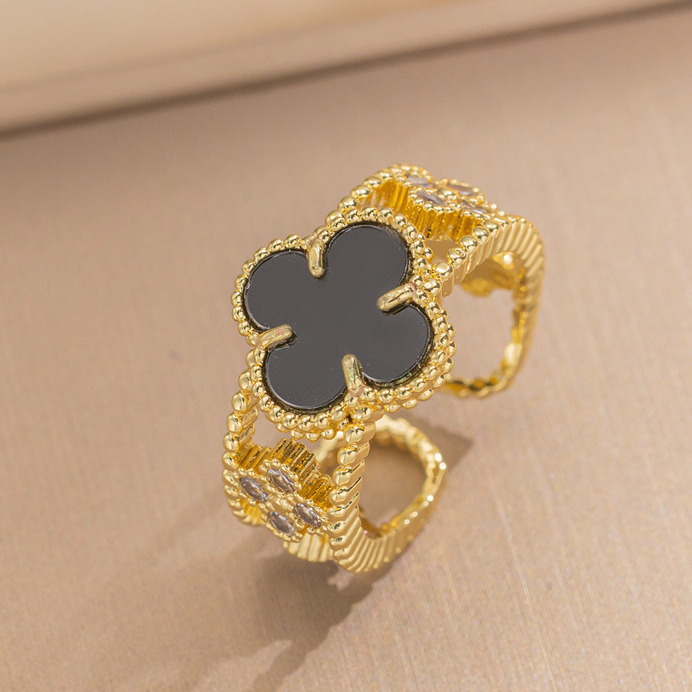 Ring Niche Four-Leaf Clover Zircon Ring Female Retro Open Adjustable Ring