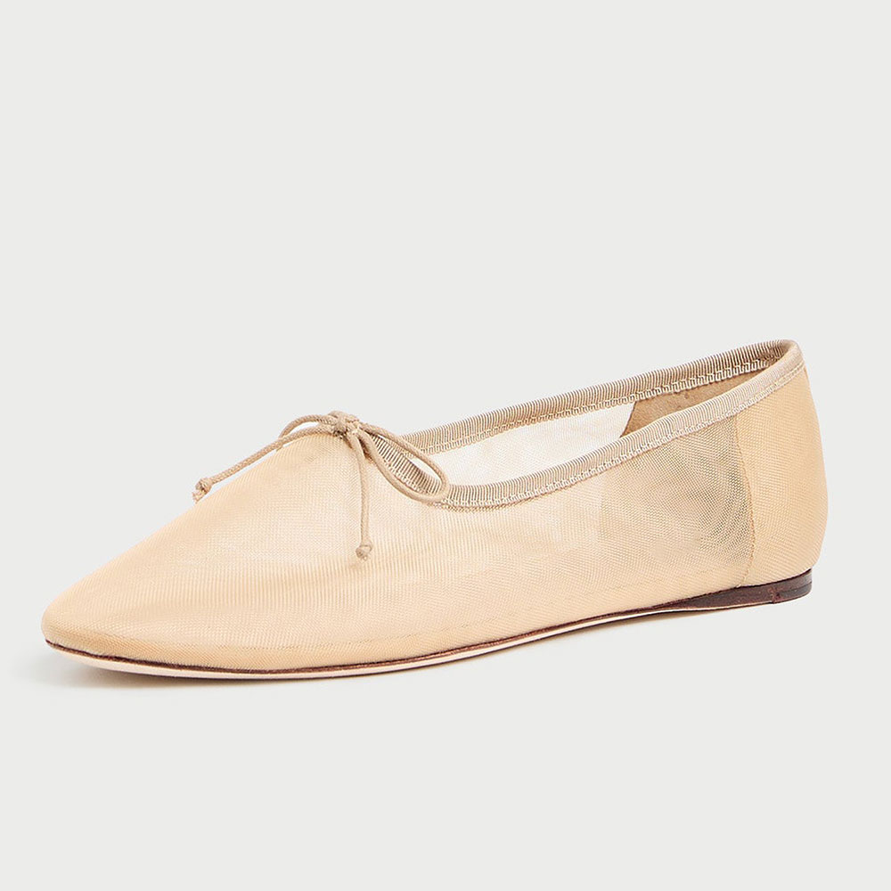 Beige Mesh Round Toe Flat Bow Inlay Sophisticated Ballet Shoes Nicepairs