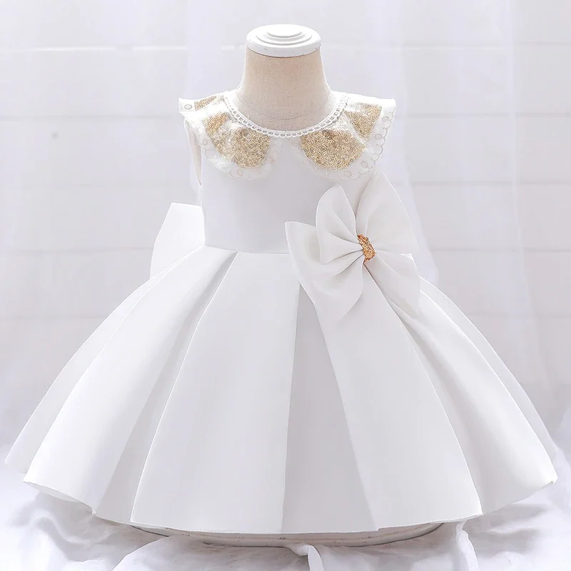 Uveng Girl Kids Clothing Baptism Bow Princess Doll Collar Sequin1 Year Baby Birthday Dress Pink Party White Children Costume