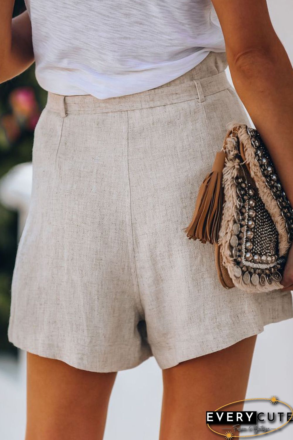 Beige Tie Waist Casual Shorts with Pockets