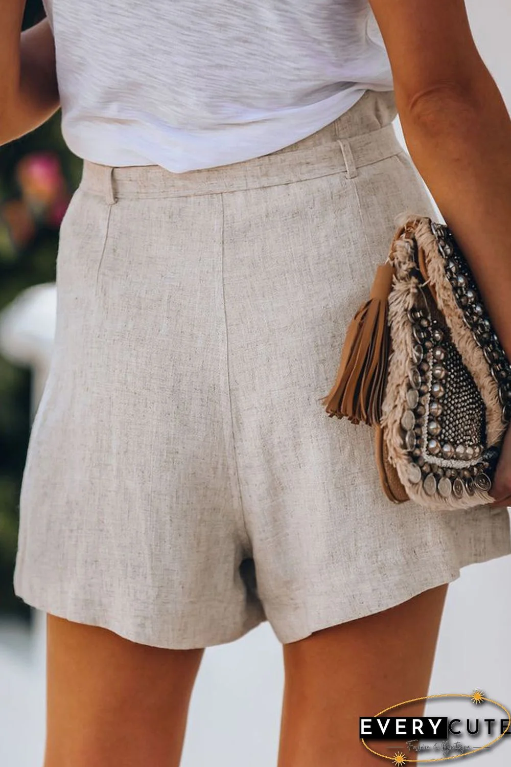 Beige Tie Waist Casual Shorts with Pockets