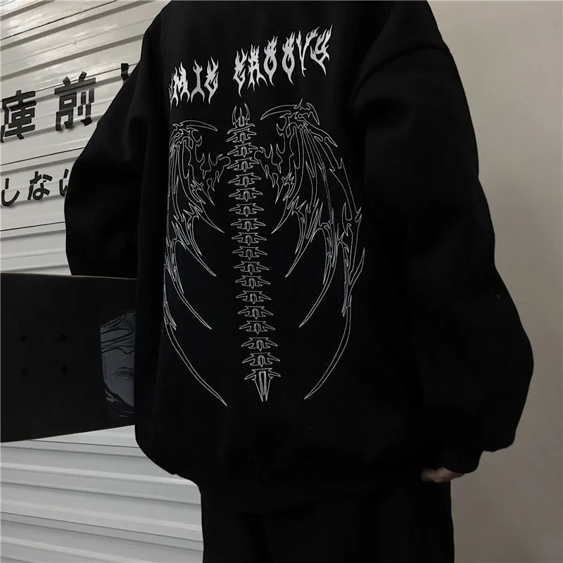 2021 Black Bone Wings Print Tops Girls Autumn Gothic Oversized Hoodie Streetwear Women Kpop Punk Couple High Street Sweatshirts