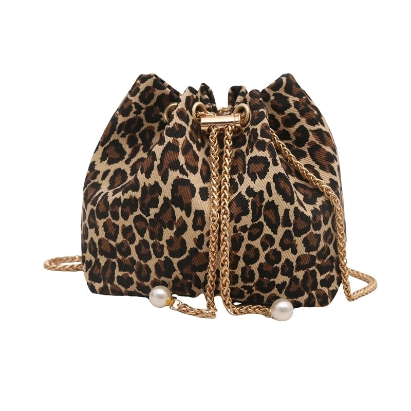 Women’s Cloth Leopard Basic Vintage Style Bucket String Shoulder Bag Crossbody Bag