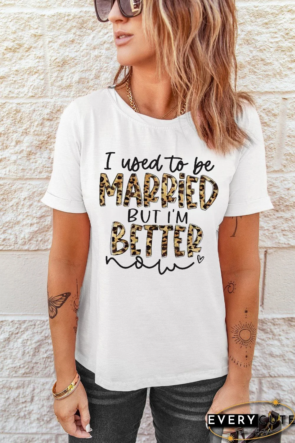 White Leopard Letters Print Short Sleeve Graphic Tee