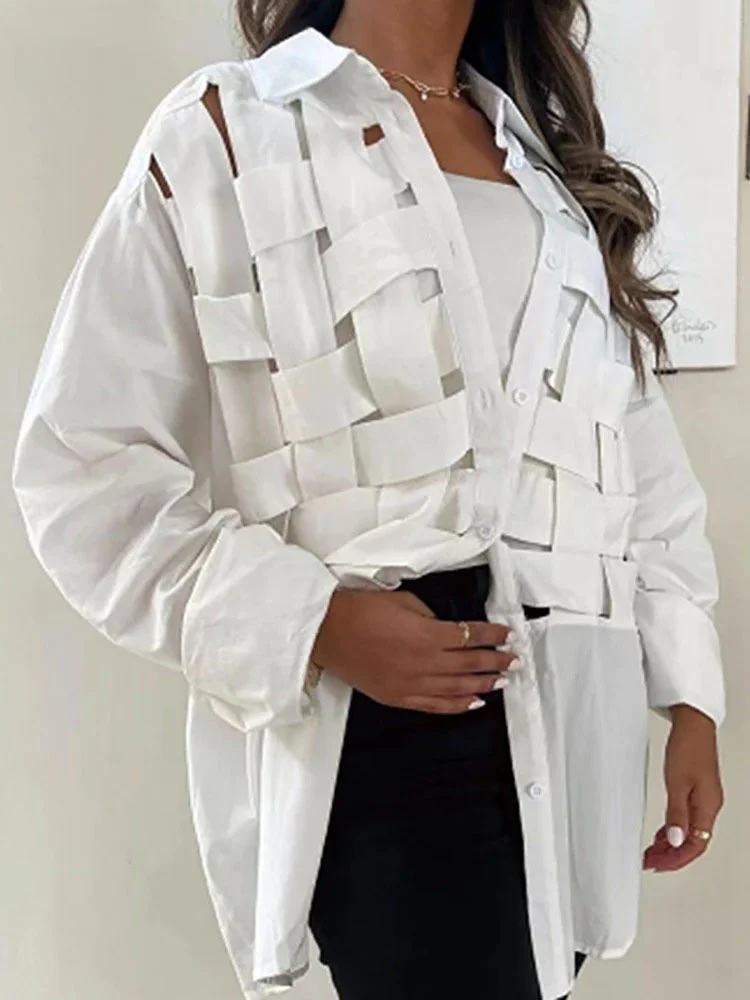 Design Loose White Lapel Weaved Hollow Out Single-breasted Lantern Sleeve Shirt