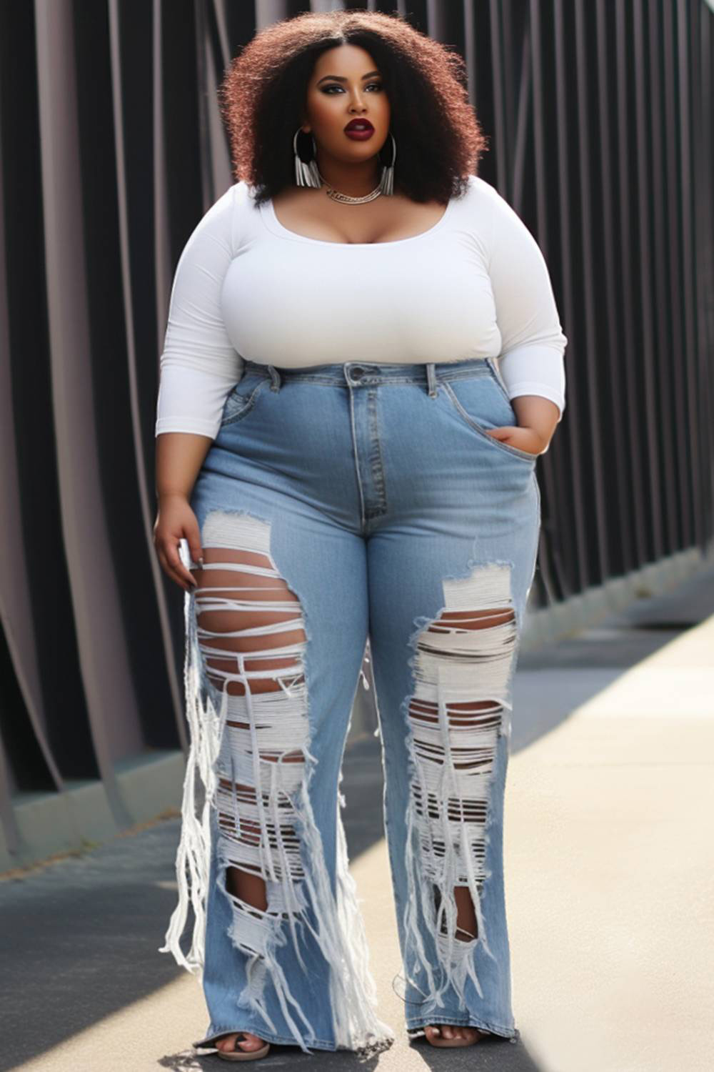 Design Plus Size Daily Light Blue Ripped Pocket Denim Jeans [Pre-Order]