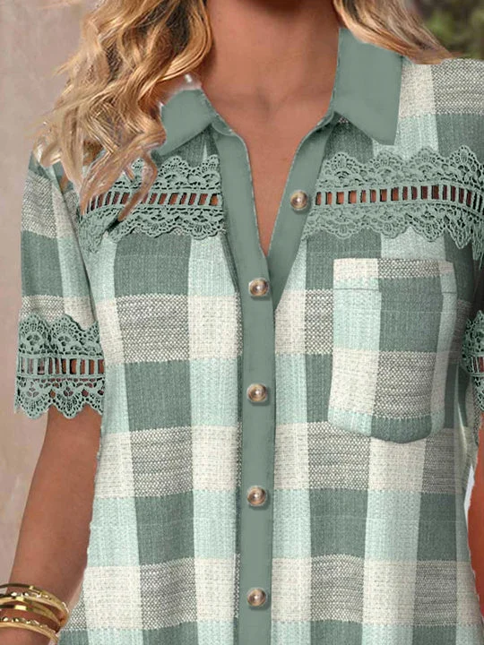 Women's Short Sleeve V-neck Lace Stitching Hollow Graphic Top