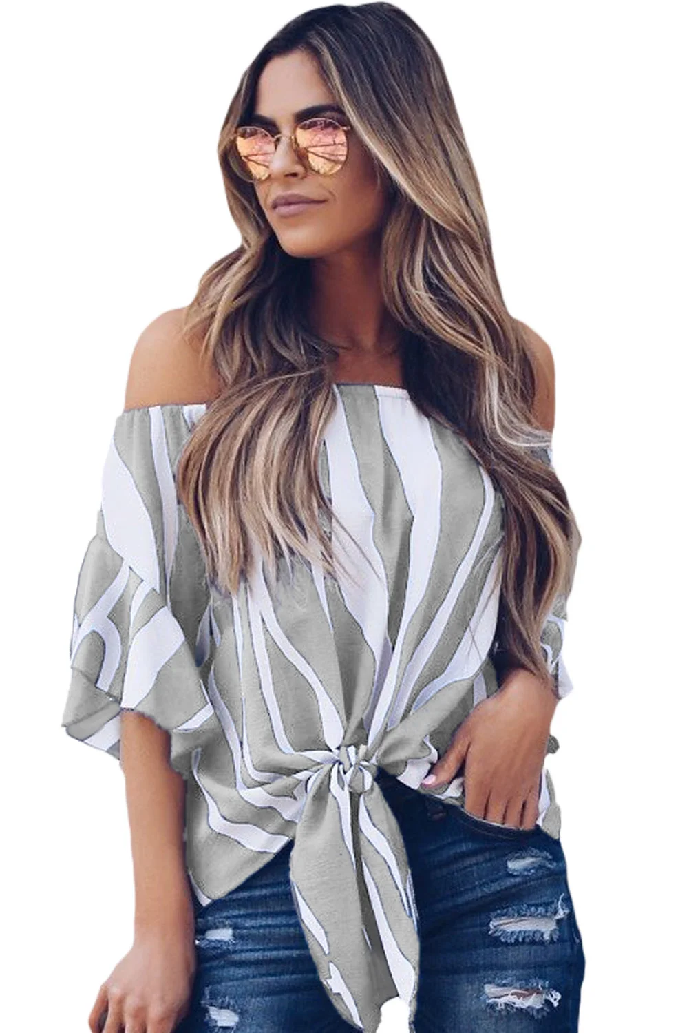 Off The Shoulder Vertical Stripes Blouse in Grey | IFYHOME
