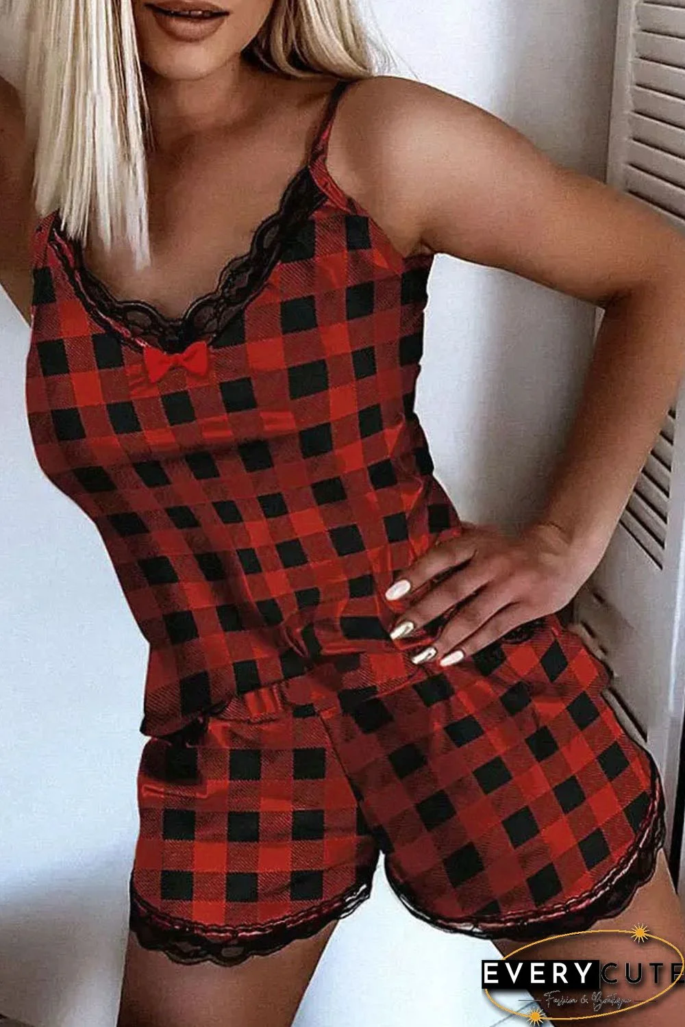 Red Plaid Lace Trim Tank Top and Shorts Lounge Set