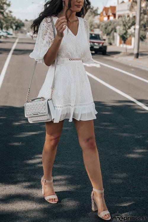 V Neck Lace Mini Dress