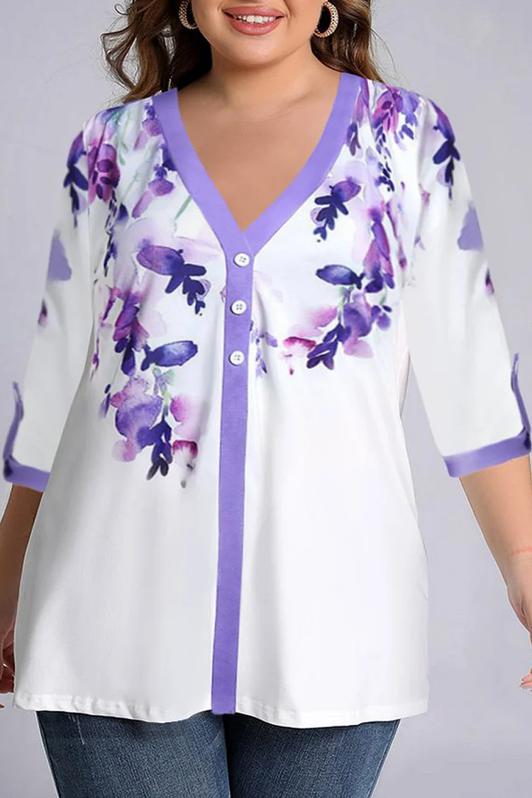 Flycurvy Plus Size Casual Violet Floral Print V Neck 3/4 Sleeve Blouses  Flycurvy [product_label]