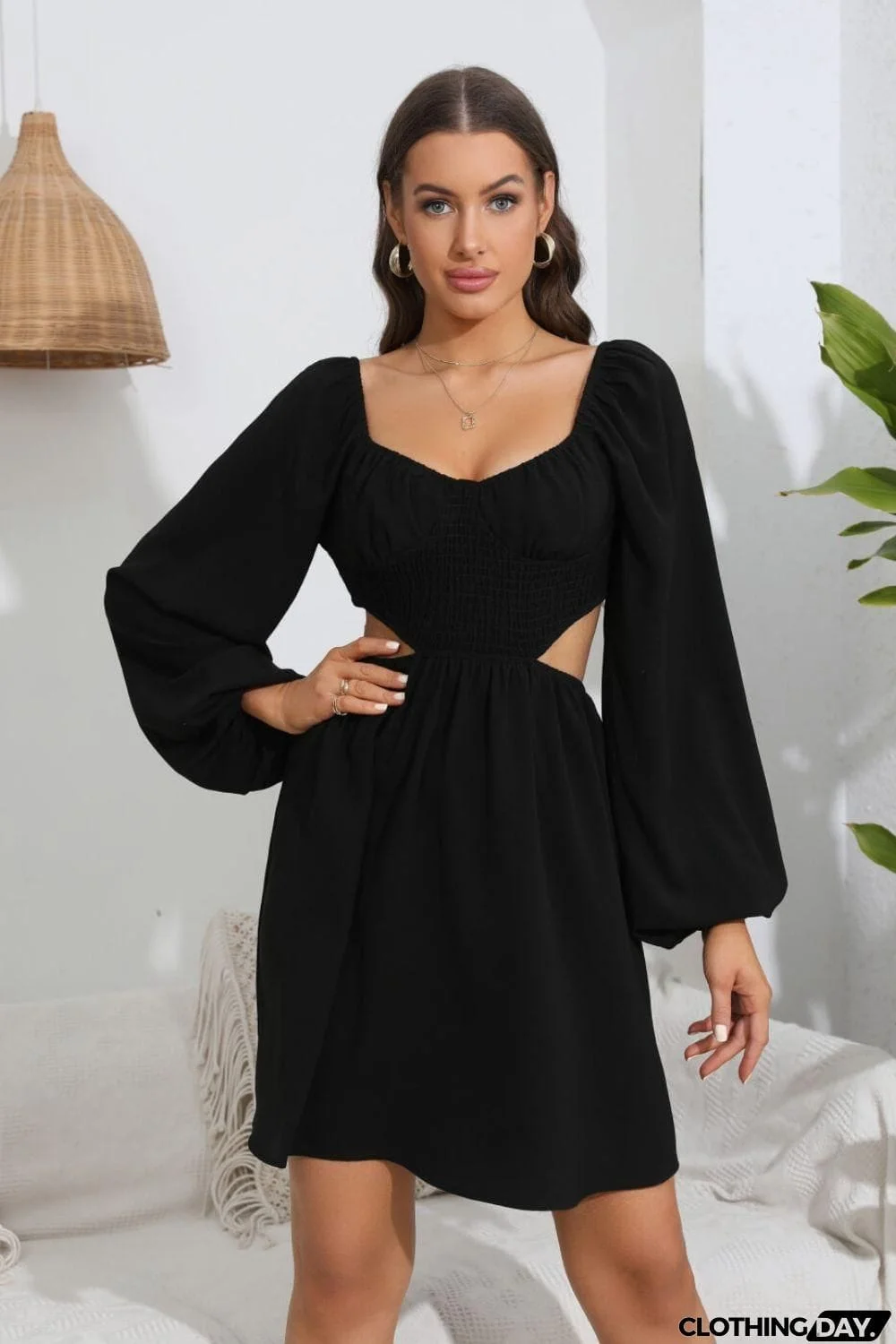 Cutout Long Balloon Sleeve Dress