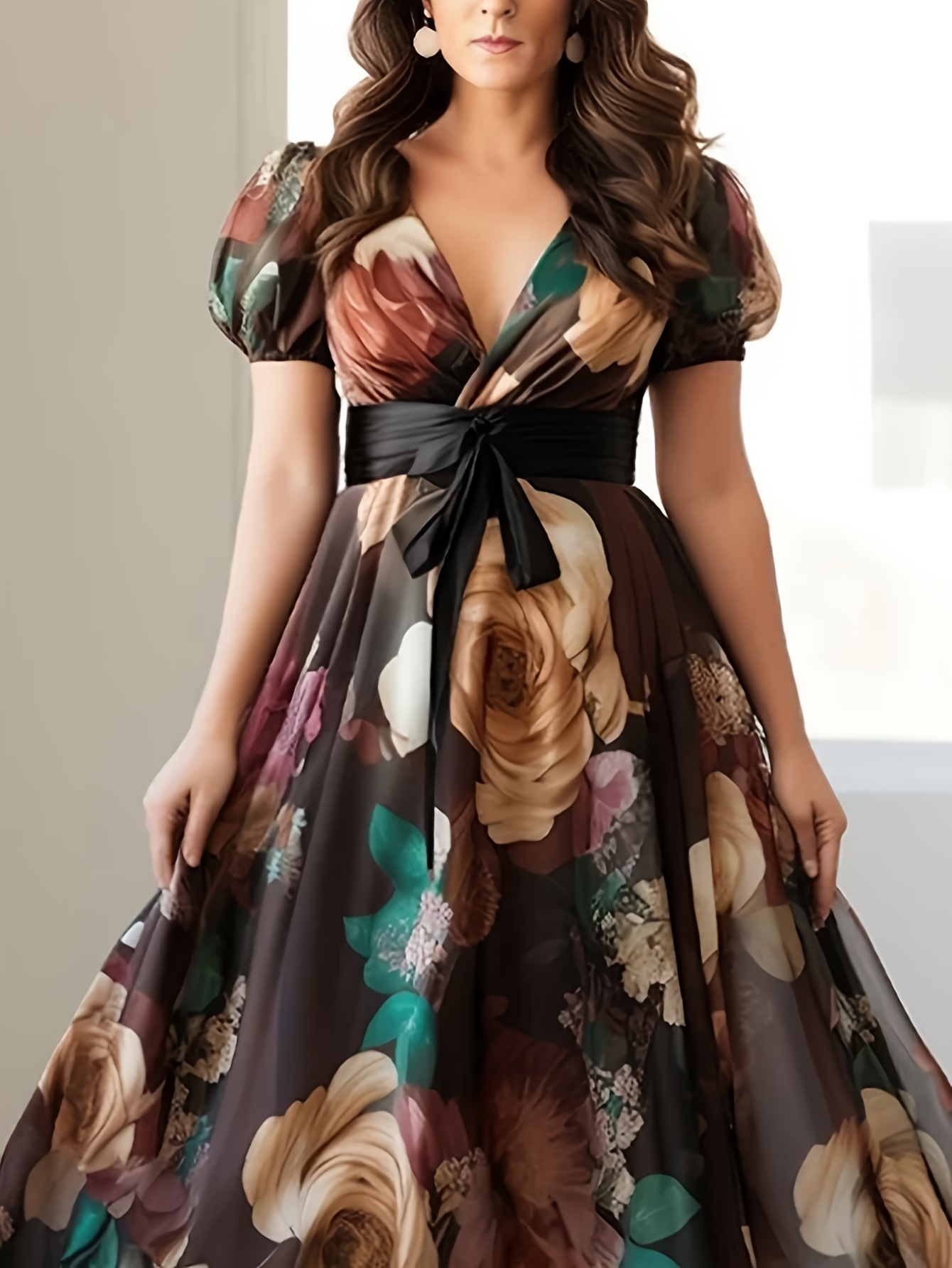 Women's Elegant Vintage 1950s Inspired Deep Puff Sleeve A-Line Chiffon Dress With Waist-Cinching Belt & High-Low Hem - Floor-Length Formal Party Wedding Prom Dress In Brown/Teal/Navy/Black/Beige, Machine Washable, Floral Print, Structured Fit