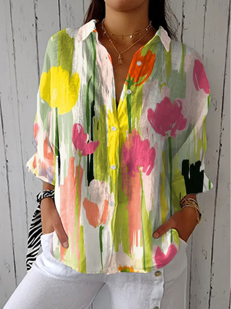 Women's Vintage Floral Art Print Casual Linen V-neck Shirt