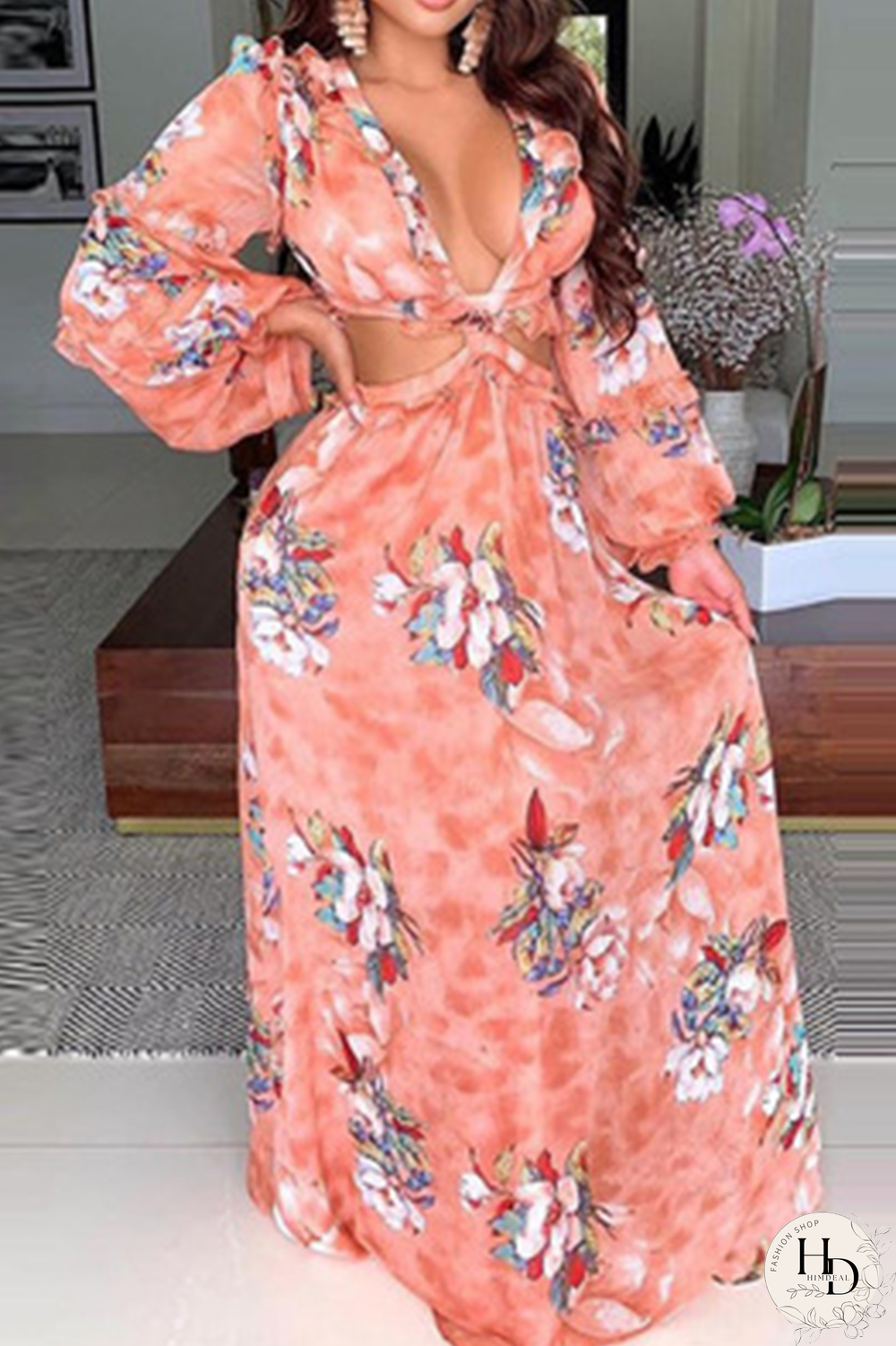 Pink Sexy Print Hollowed Out V Neck Printed Dress Dresses