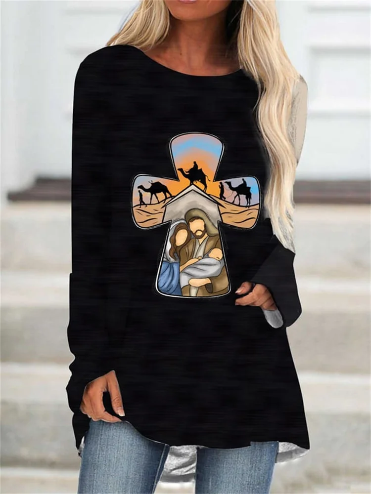 Christmas Alpaca Print Casual Long Sleeve Tunic