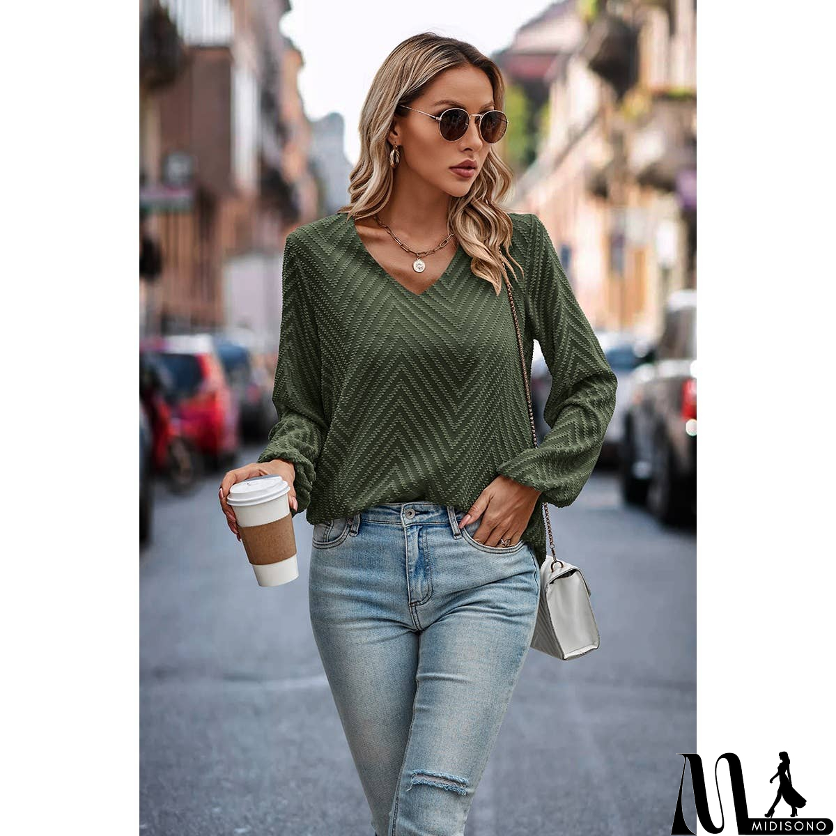 MidiSono - Chevron V Neck Long Sleeve Loose Top