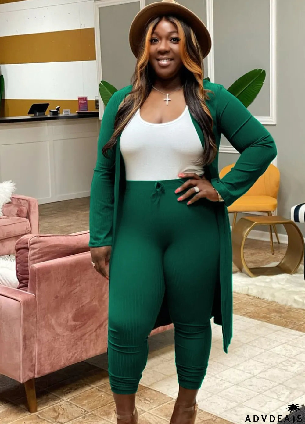 Fall Sexy Green Rib Long Sleeve Cardigan And Matched High Waist Skinny Pants Set