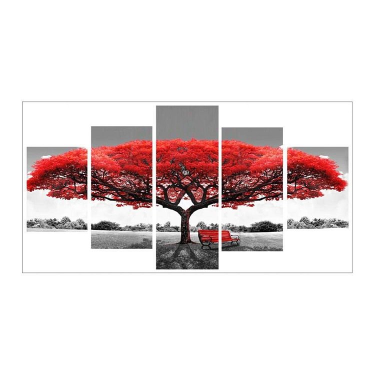 Red Tree 5-picture - Full Round Diamond - 95x45cm