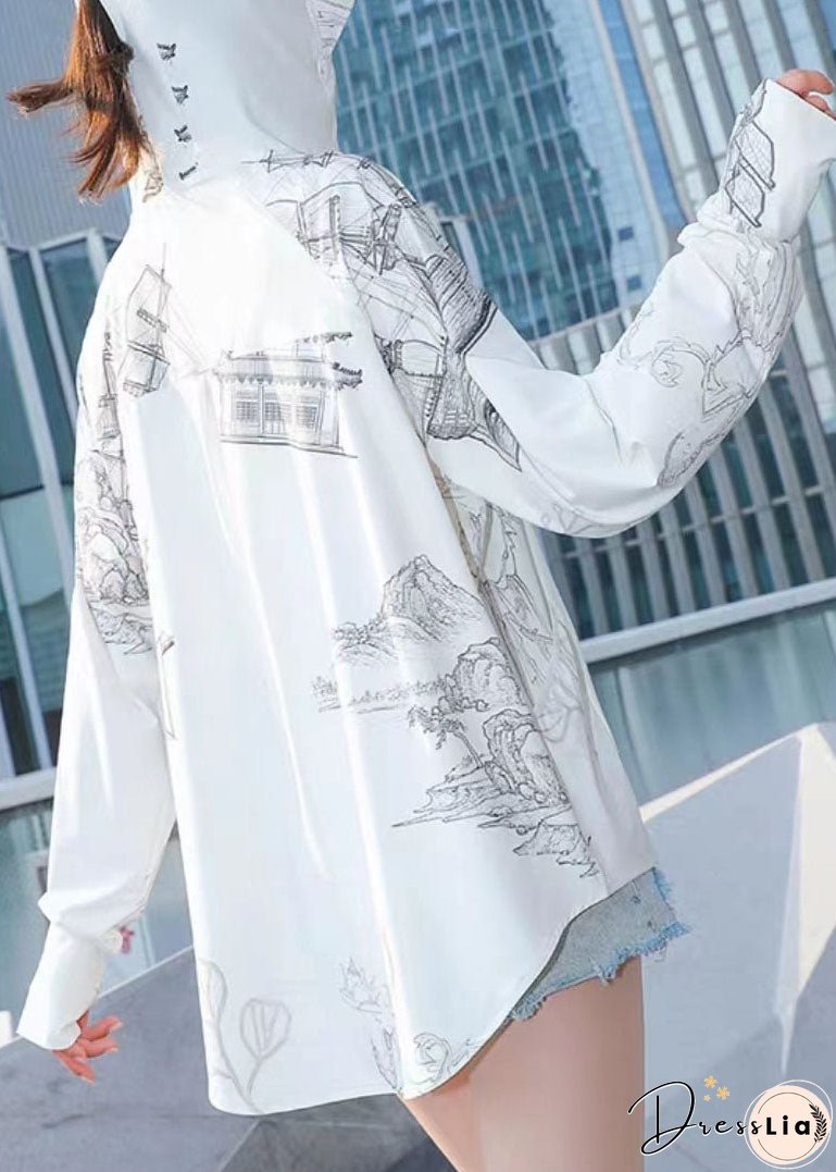 Style White Zip Up Pockets Print Patchwork Ice Silk UPF 50+ Coat Summer