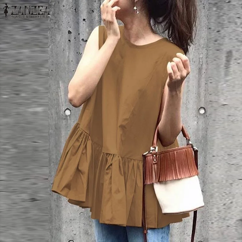 2022 ZANZEA Summer Fashion Sleeveless Blouse O Neck Ruffles Shirt Solid Baggy Vintage Tops Femme Blusa Lace Up Chemise