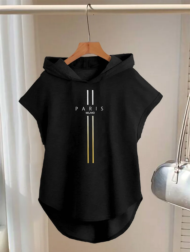 A Stylish Streetwear Women's Sleeveless Hoodie With Artistic Letter Print And Batwing Sleeves