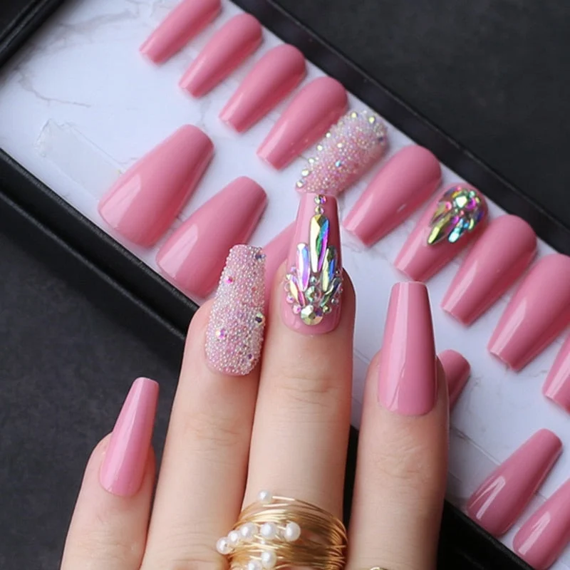 cream glossy coffin Press on nails 3D caviar reusable gel box custom crystal nails bling Microdrill glitter Ballet fasle nails-Nail Inspo