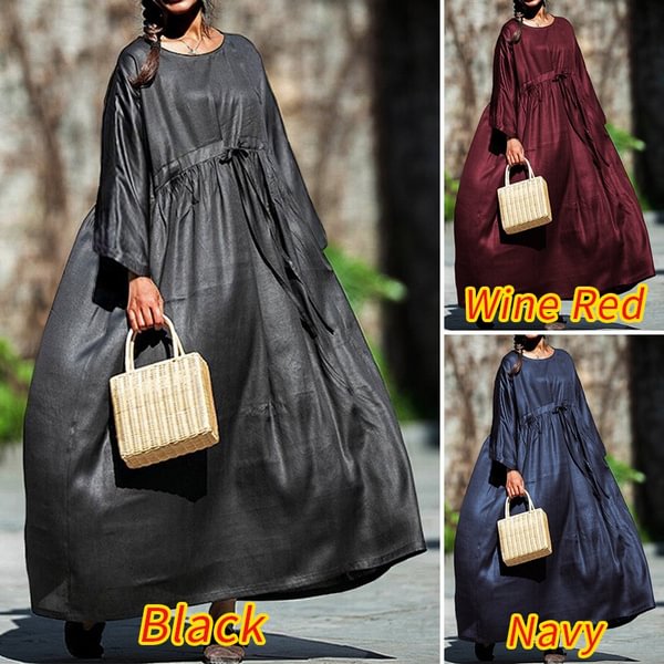 Women Solid Color Long Sleeve O Neck Maxi Dress Autumn Casual Pleated Dresses Vintage Kaftan Dress Kleid - Life is Beautiful for You - SheChoic