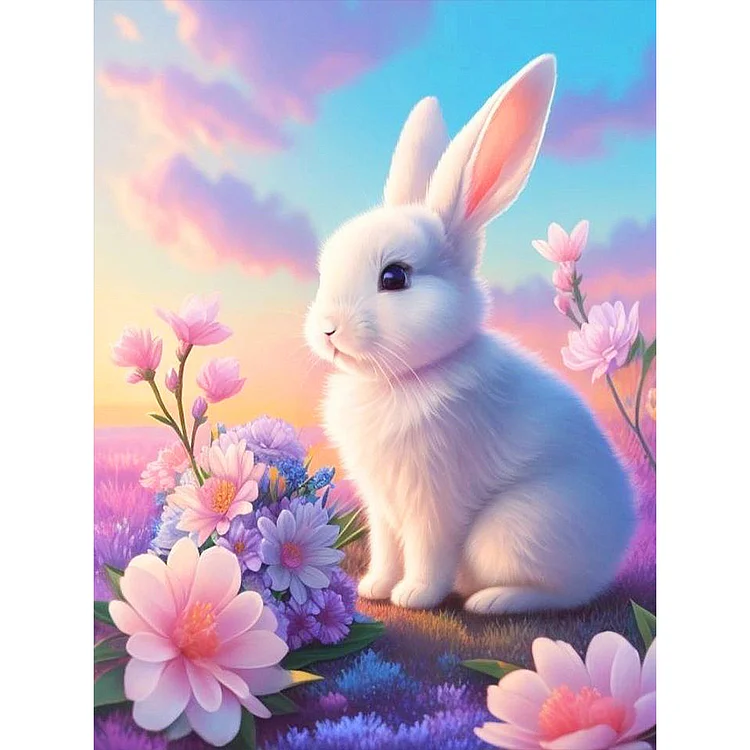 Flower And White Rabbit 30*40CM (Canvas) Full Round Drill Diamond Painting gbfke