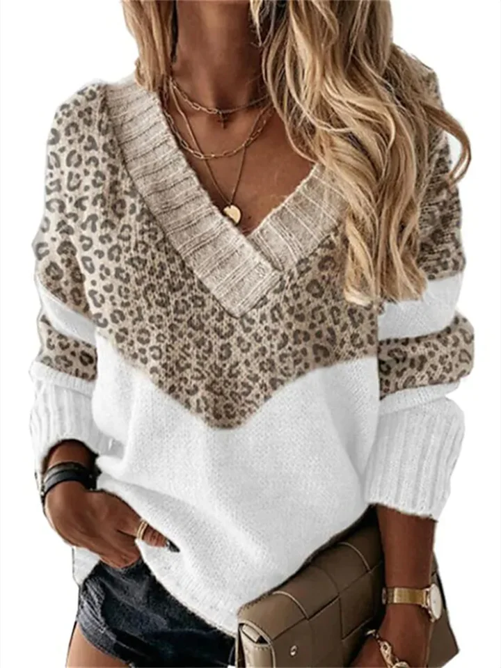 Women's Pullover Sweater Jumper Patchwork Print Leopard Print Color Block Stylish Basic Casual Long Sleeve Regular Fit Sweater Cardigans V Neck Fall Winter Khaki / Daily / Holiday / Going out