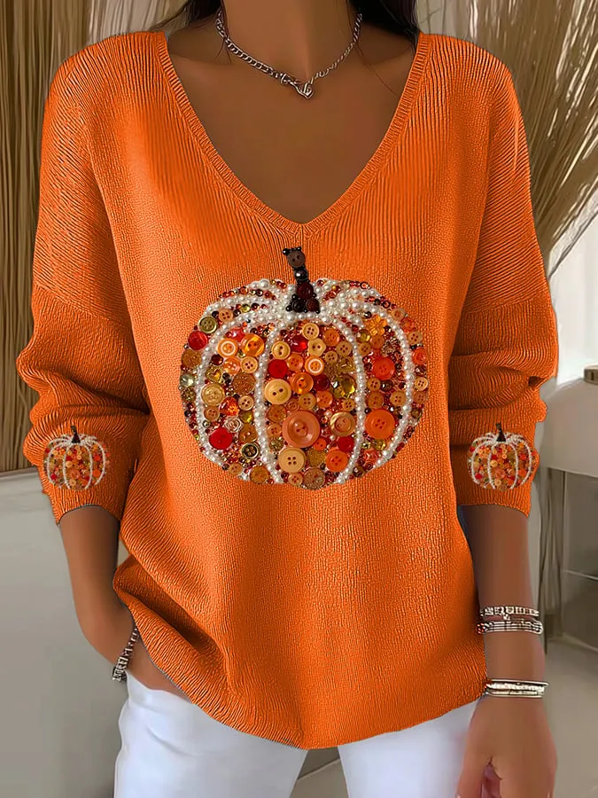 Women's  Pumpkin Print Casual Striped Fabric Long Sleeve T-shirt 