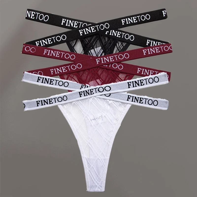 FINETOO 3PCS/Set Women's Letter Lace Mesh G-string Sexy Cross Strap Panties Midi Waist Underwear Thongs Femme Hollow Out Panties