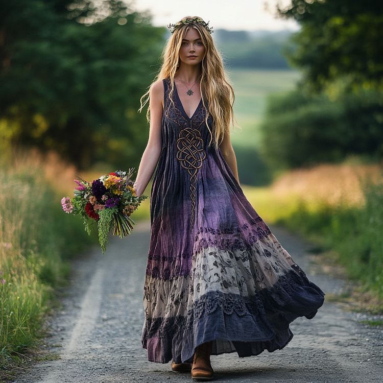 Vintage Viking Tribal Celtic Knot Embroidery Gradient Art Linen Tank Dress