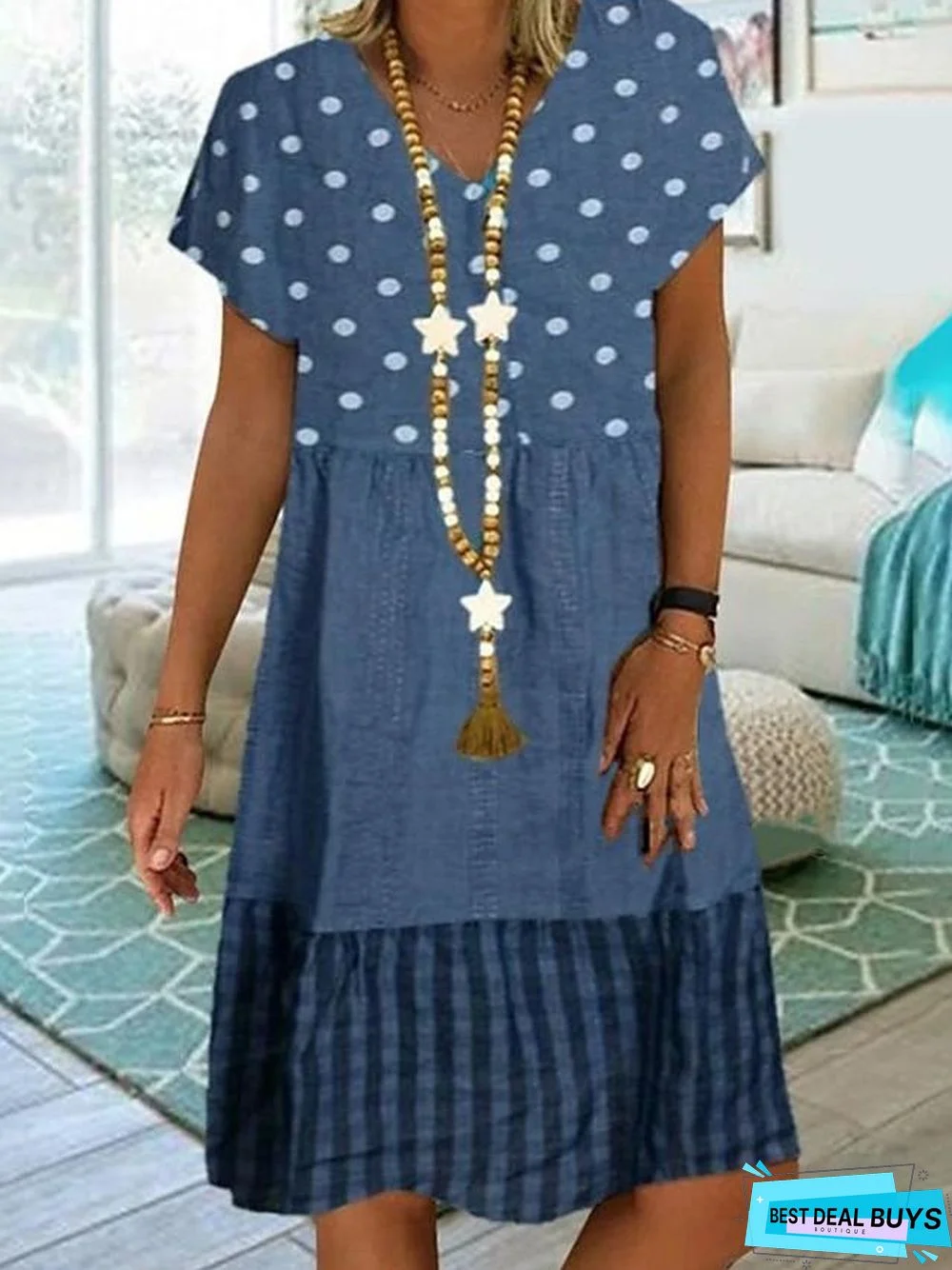 Women's Knee Length Dress - Short Sleeve Polka Dot Print Summer Plus Size Hot Casual Blue Khaki Green