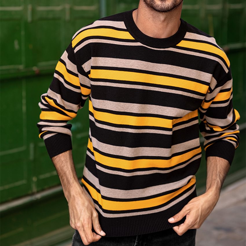 Men's Casual Sweater Vintage Striped Crewneck Sweater Knitwear