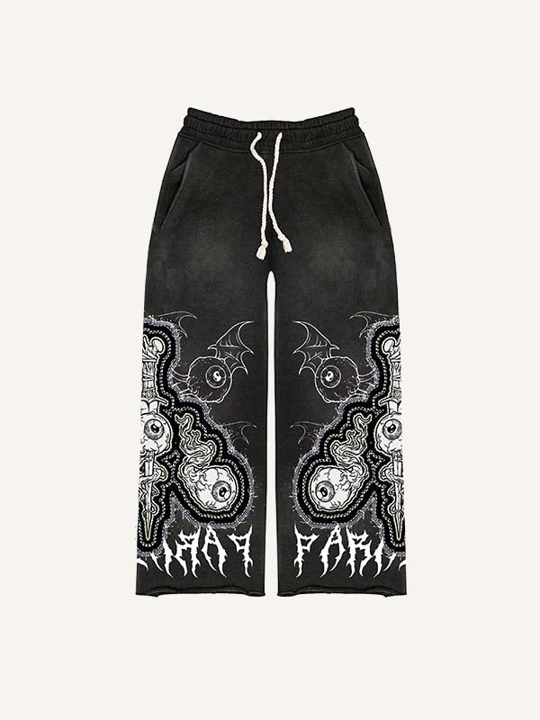 Eyeball&Wing&Sword Faux Decal Print Elastic Waist Pants
