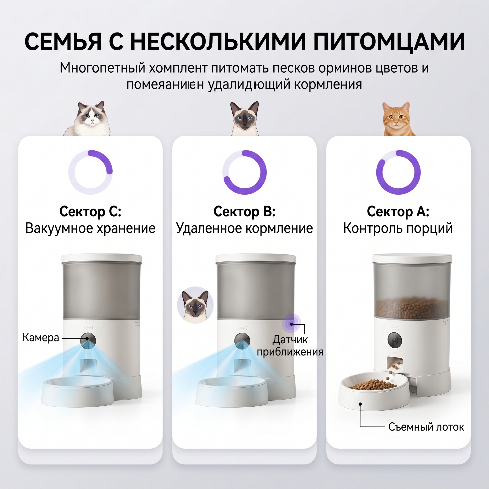 GOPET&reg;Автоматическая кормушка для домашних животных с вакуумной герметизацией и видеокамерой &mdash; умный диспенсер с таймером и дистанционным управлением для кошек и собак
