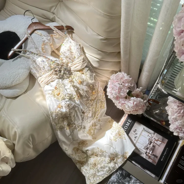 Ivory Gold Floral Beading Sparkling Short Satin Homecoming Dress Prom Dress Party Dress