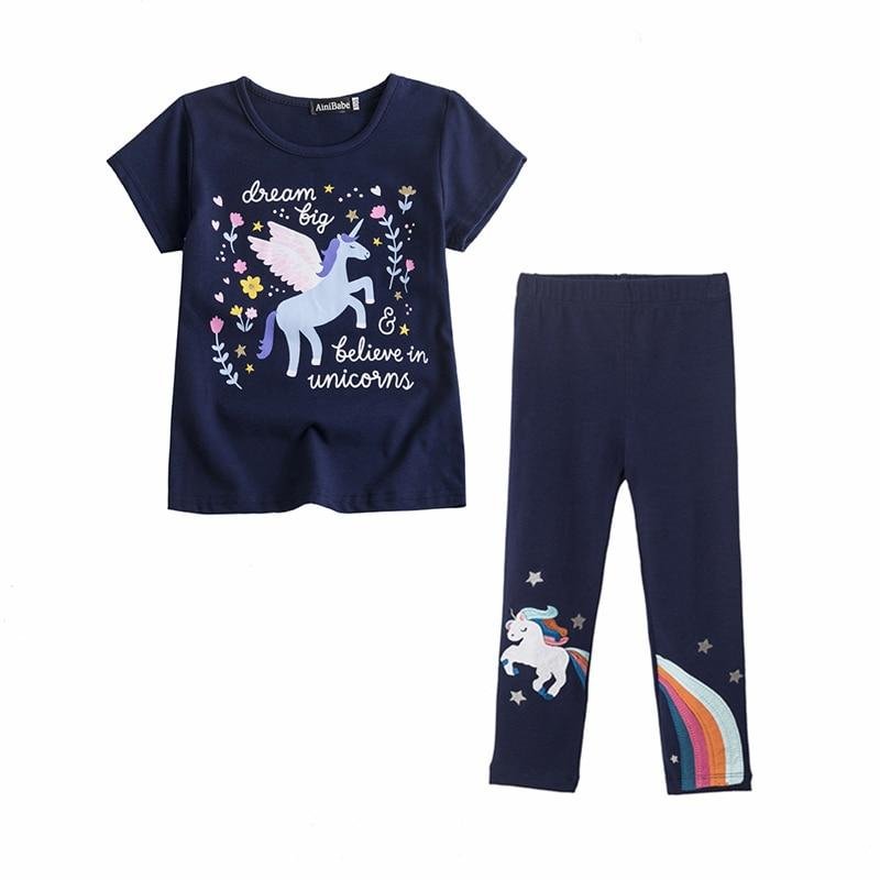 Unicorn Kids Girls Clothes Sets 2PCS Short Sleeve T-Shirt + Long Pants Rainbow Print Elastic Leggings Boys Girls Summer Clothes