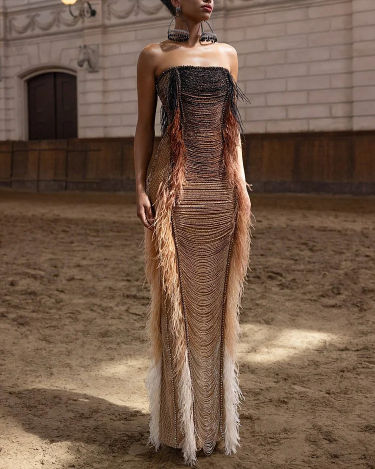 Women's Bandeau Gradient Color Tassel Dress