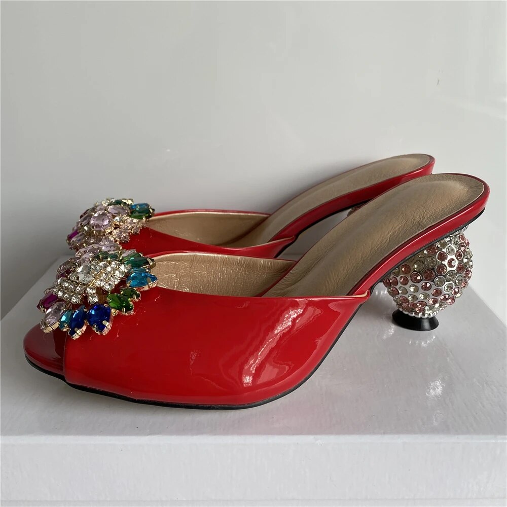 VCSHOES Rhinestone Flower Sandals Women Jeweled Crystal Ball Heel High Heels Open Toe Gold Patent Leather Outwear Mules