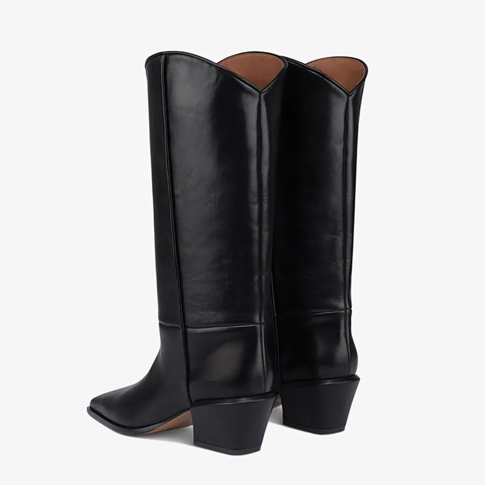 Women's Black Pointed Toe Block Heel Mid Calf Western Boots